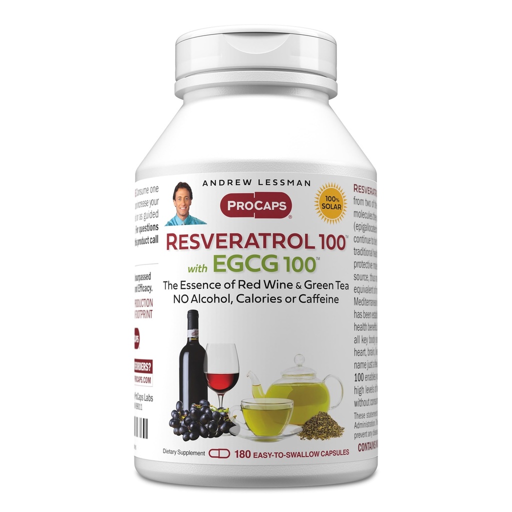 ANDREW LESSMAN Resveratrol-100 EGCG 100 mg - 180 kapsler - To naturlig forekommende antioksidanter, uten alkohol eller kaffe.
