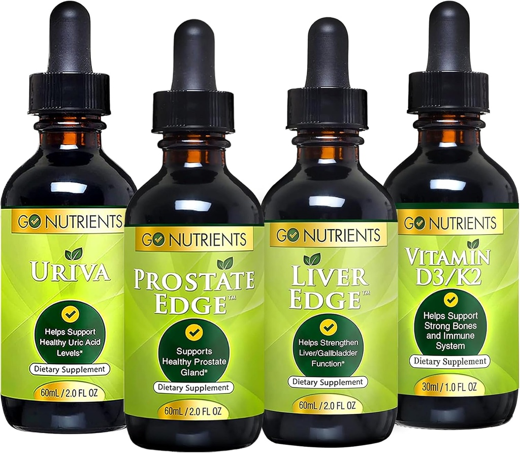 Go Nutrients Menns helse Bundle - Vitamin D3/K2, Liver Edge, Prostata Edge, Uriva - omfattende støtte for bein, lever, prostata og uric syre helse – øker energi, vitalitet og kroppsforsvar