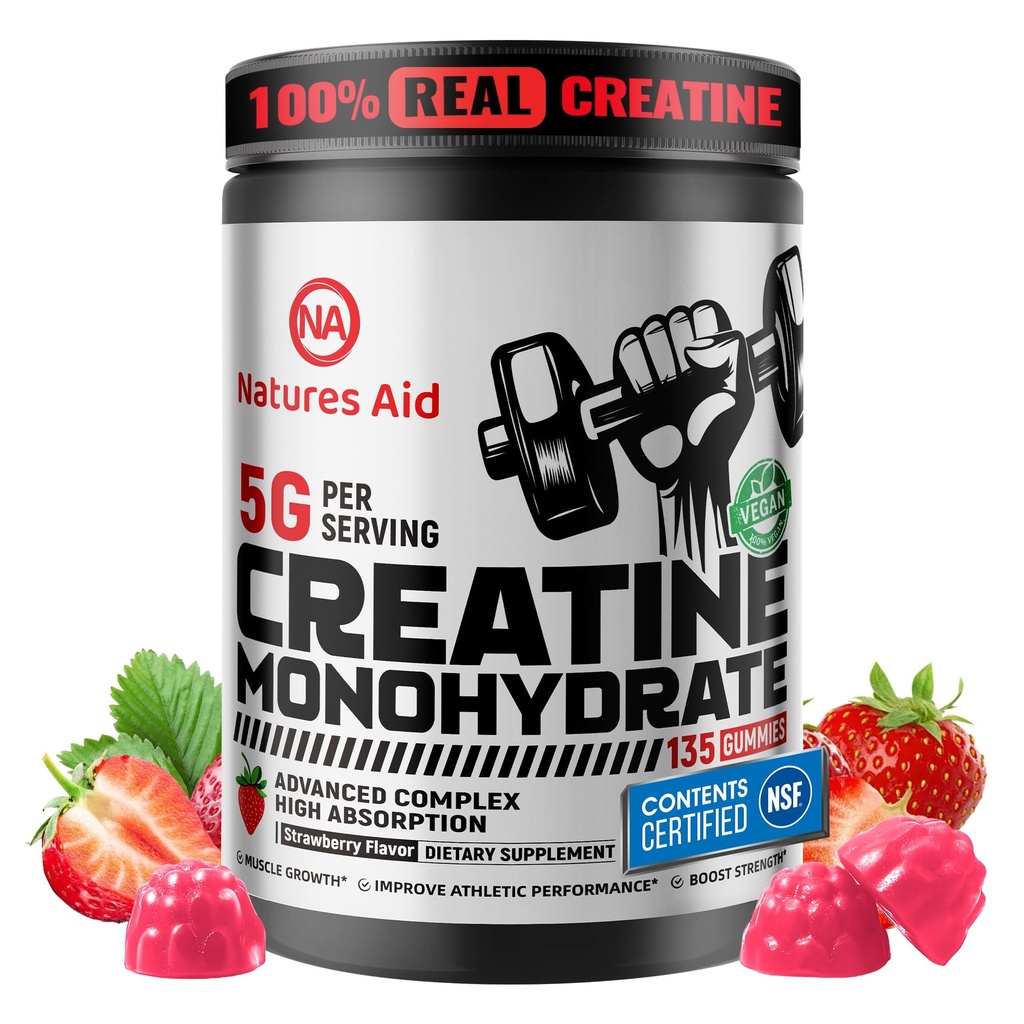 Naturer hjelpe Kreatin Monohydrat Gummies (5g) – Forarbeid energi og muskelvekst støtte for menn og kvinner | Jordbær Electrolyte Gummies (135 greve)