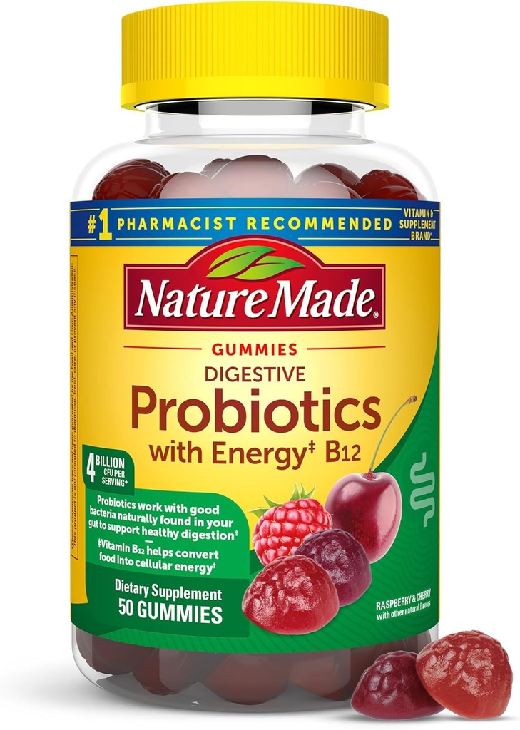 Naturlaget digestive probiotika og energi B12 Gummier, probiotika for kvinner og menn, 50 probiotiske gummier, 25 dagers forsyning