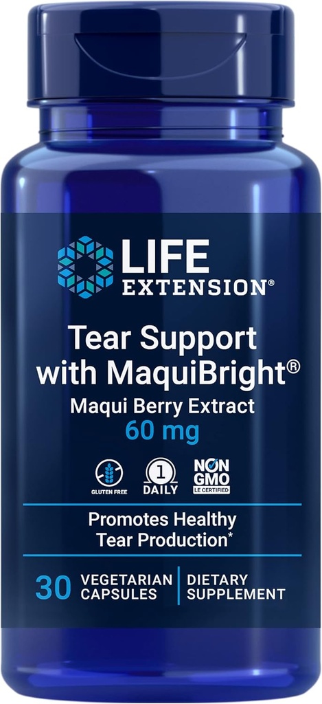 Life Extension Tear Support med MaquiBright®, 60 mg, Maqui Berry Extract for tørre øyne, støtter øyehelse, oppmuntrer tear produksjon, glutenfri, ikke-GMO, 1 daglig, vegetarisk, 30 kapsler