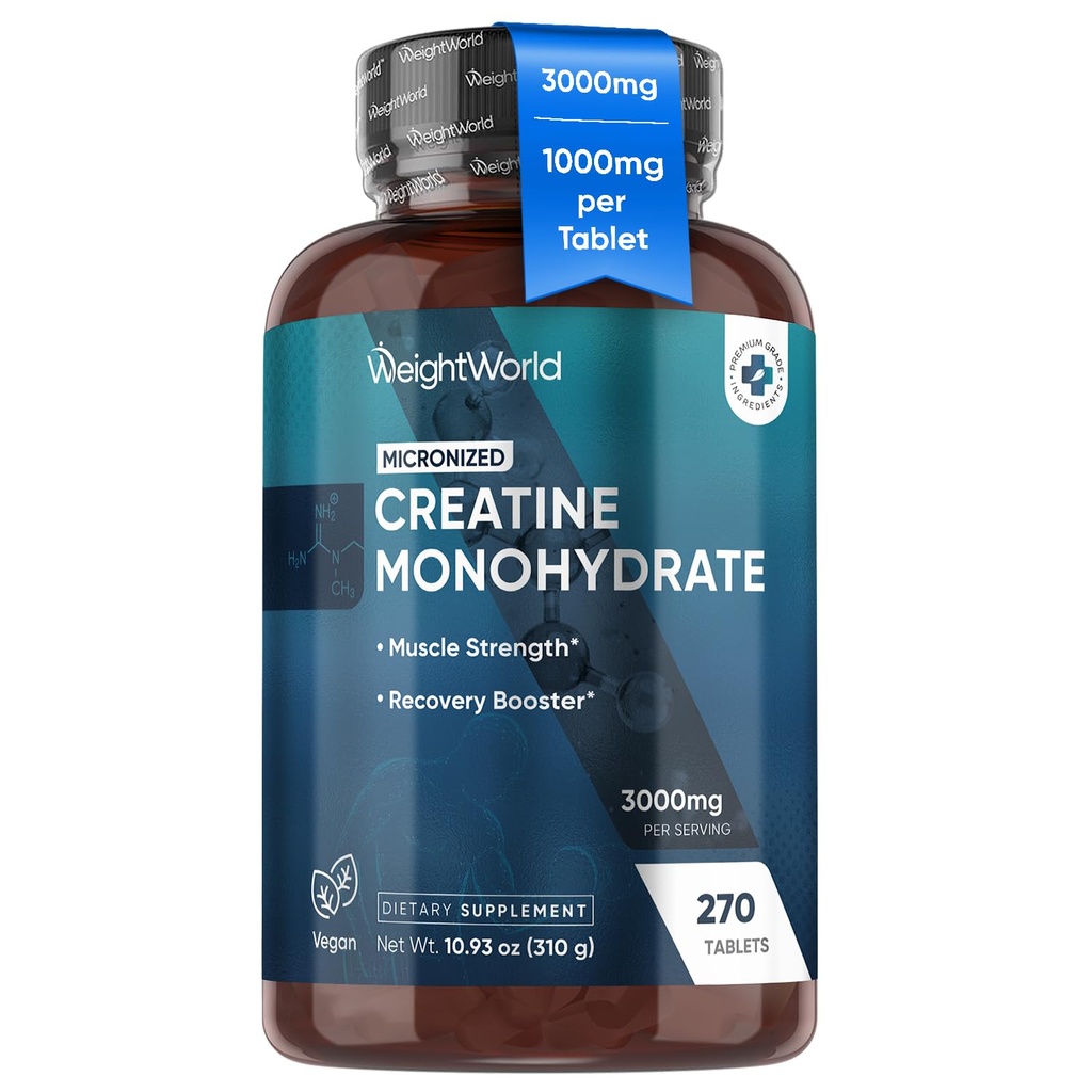 VektWorld Mikronisert Kreatin Monohydrat 3000mg Vegan tabletter | Muskelstyrke og gjenoppretting Booster | 3 måneders forsyning - 270 faner kreatin for kvinner og menn | Ikke-GMO, Glutenfri | 3 tabletter om dagen