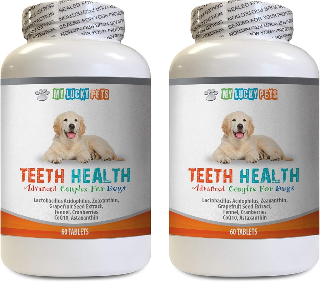 Hunde pustetabletter - Avansert tannhelse for hunder - kjemper dårlig puste - beste utseende gummer og tenner - vitamin c for hunder piller - 120 tabletter (2 flasker)
