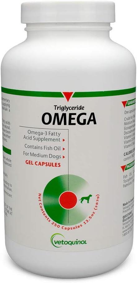 Vetokinol Triglycerid Omega Hund Supplement Kapsler, Medium-Bred: 30-60 lbs, 250ct