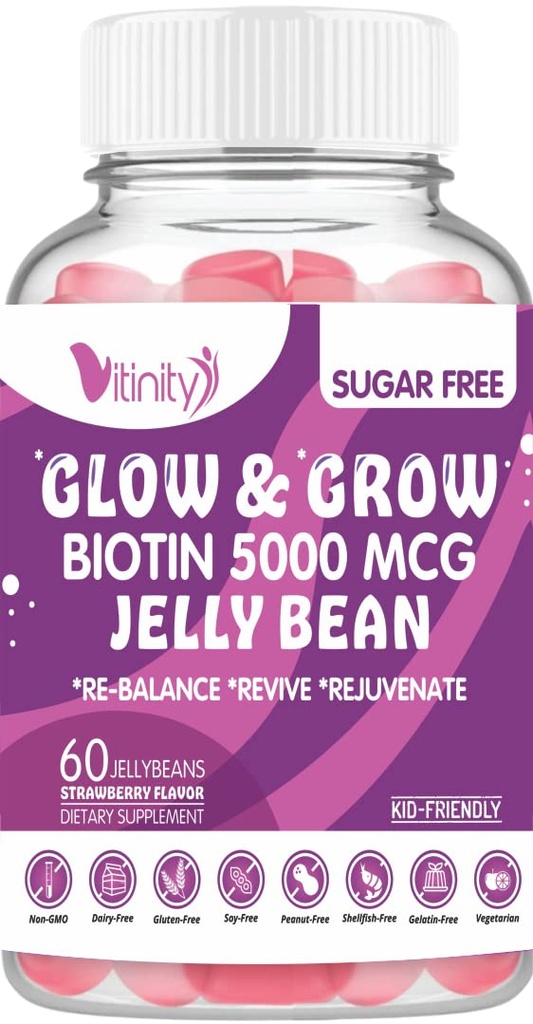 VITINITY Biotin 5000 Mcg ekstra styrke vegetarianer (Vitamin B) sukker-fri tilleggsstøtte sunnere hår og hud - kvinner og menn 60 grønnsaker sukker-fri Jelly Beans (30 dagers levering)
