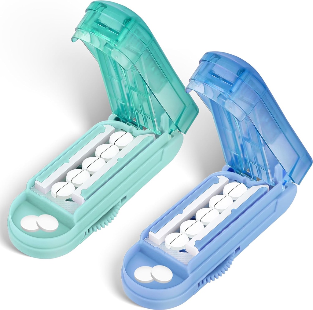 DubSTAR 2PCS Piller Splitter for små og små piller, Flere piller for små eller store piller, Justerbar Piller Splitter med senter og Blade Guard (Blue + Cyan)