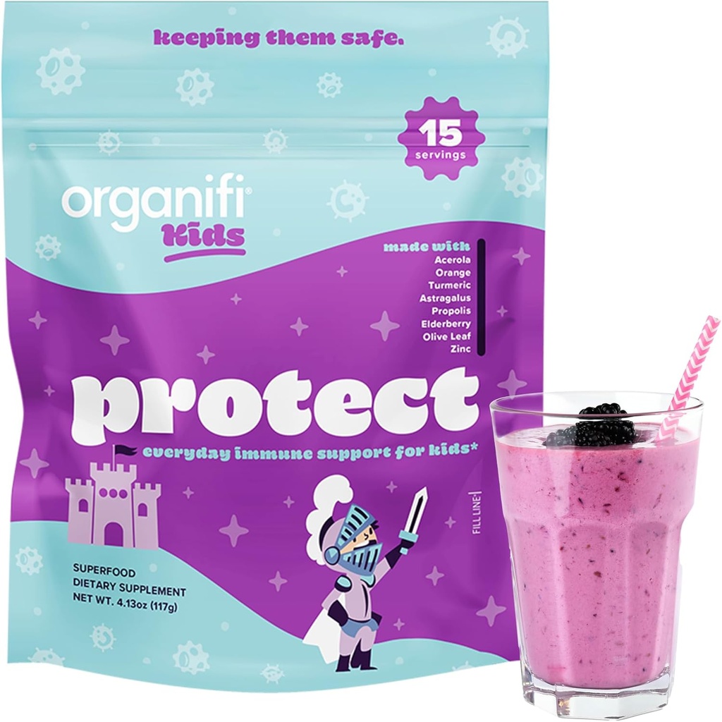 Organifi Kids: Beskytt - Daglig immunstøtte for barn med eldrebær, Acerola Cherry og sink - Berry Flavored Immunity Powder - Plantebasert, Vegansk og Ingen Gluten, Dairy eller Soja - 15 Serveringer