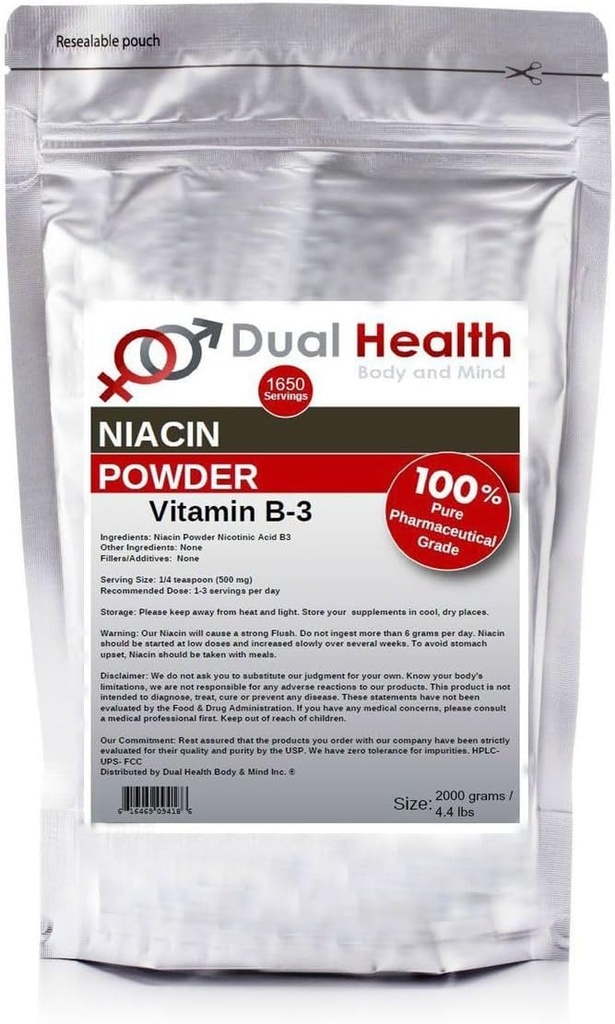 Niacin pulver (4,4 lbs - 2 kg) Vitamin B3 Bulk Supplement Umiddelbar frigjøring Niacin med flush niacinsyre ikke-GMO, Vegan, Glutenfri rask absorpsjon Ingen GMOs, Fyllstoffer, Additiver, Metall