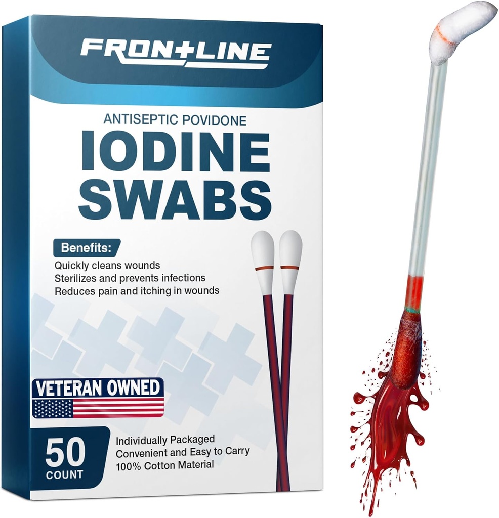 FrontLine Povidone Iodine Swabs, Antiseptisk Swabsticks, Iodine løsning, rengjøring bomull Swab, Individuelt innpakket medisinske forsyninger, sårpleie, førstehjelp, sårrenser, eske med 50