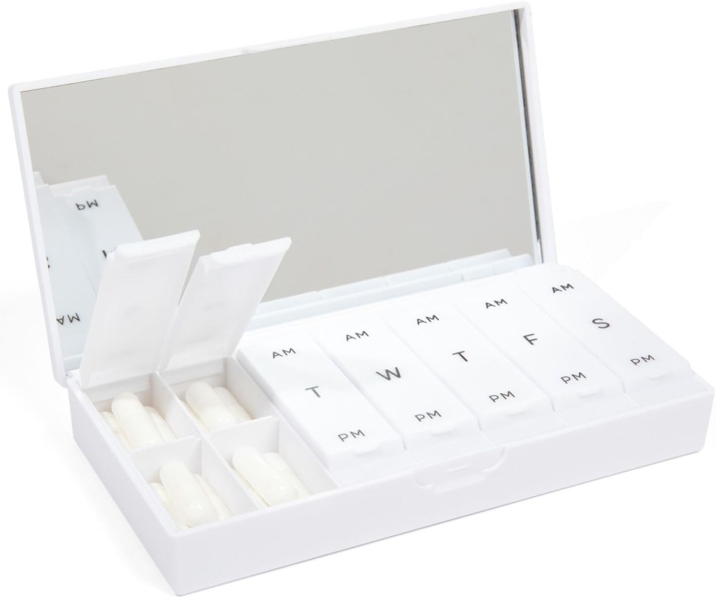PORT X POLISH Designer ukentlig Pille Box Arrangør (AM / PM 2X daglig, Crisp hvit) | Kompakt, stilig 7-dagers vitamin Supplement Case | Søt bærbare mini reise medisin Carrier | BPA-fri Pillbox Caddy