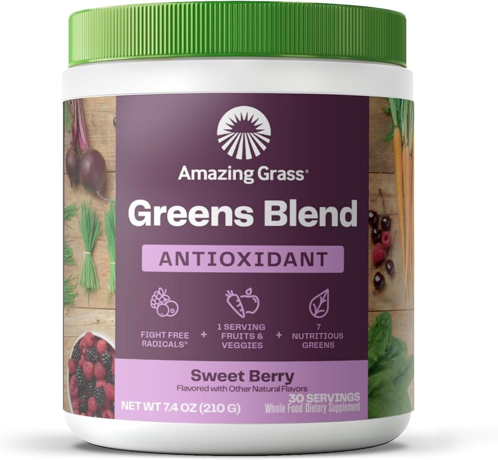 Amazing Grass Grønn Blande Antioksidant: Super Greens Powder Smoothie Blande med organisk Spirulina, Beet Root Powder, Elderberry, Bilbær, Prebioitics & Probiotika, Sweet Berry, 30 Serveringer (Packing May Vary)