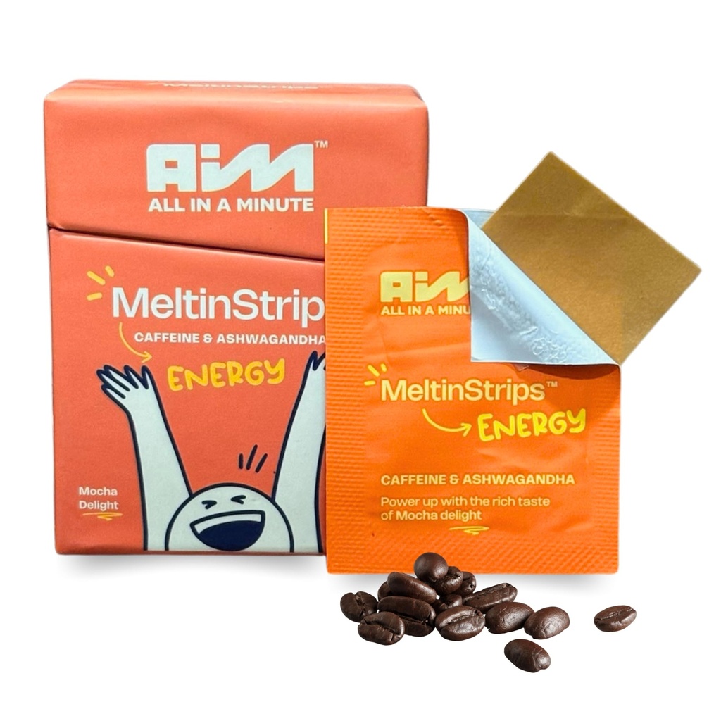 MeltinStrips TM Energistriper med 40 mg Koffein, 20 mg Ashwagandha & Vitamin B12  Instant Instant Energy & Focus Uten Jitters eller Crash | Virker raskere enn kaffe | Mocha Flavor - 30 Strips