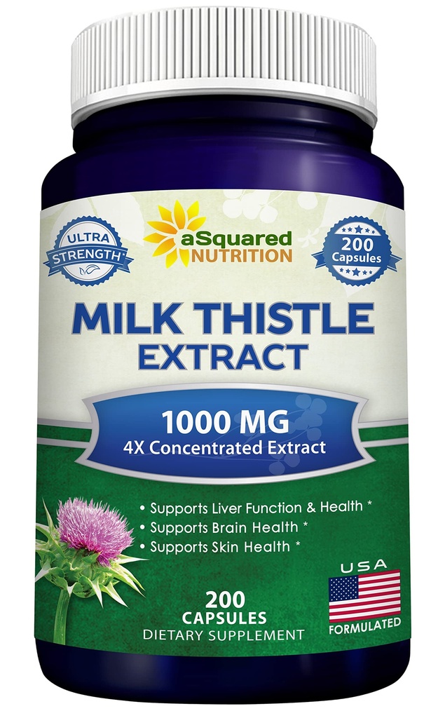 aSquared ernæringsmelk Thistle Supplement 1000 mg-200 kapsler,Max styrke 4X konsentrert ekstrakt 4:1 Melk Thistle frø pulver urter piller, 1000 mg Silymarin ekstrakt for lever støtte, rense, Detox