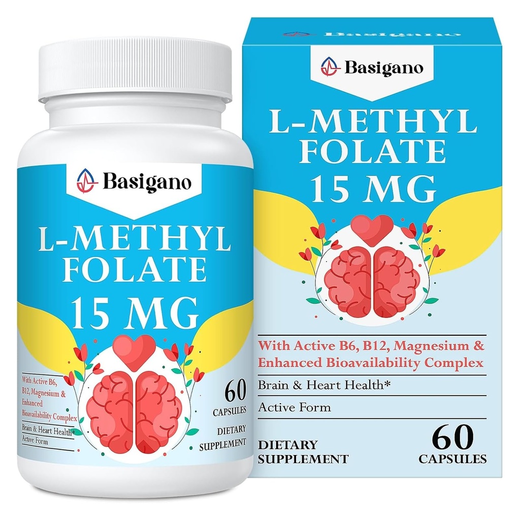 15mg L Metylfolat (5-MTHF)-aktive folsyre-beriket med vitaminer B6 og B12-60 Vegetariske kapsler - Ikke-GMO, Glutenfri