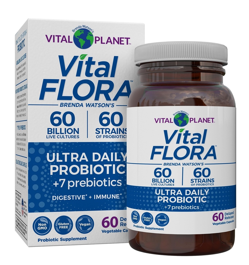 Vital Planet - Vital Flora Ultra Daily Probiotic 60 milliarder CFU, Diverse Strains, Økologisk Prebiotika, Immunstøtte, Bloating Relief, Digestive helseprobiotika for kvinner og menn 60 kapsler