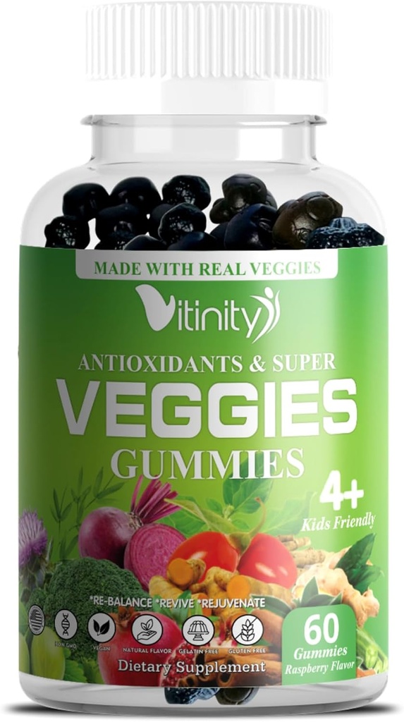 VITINITY laget med ekte Super Veggies Delicious Gummy Supplement, Menn, Kvinner og barn(60 Chews), 30 Grønnsaker, Urter, Fruit og grønnsaker vitaminer,Non-GMO,Pektin-basert, Glutenfri, Ingen flere piller (30 dagers levering)