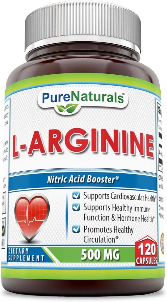 Pure Naturals L-Arginine 500 Mg kapsler, støtter kardiovaskulær helse, støtter sunn immunfunksjon og hormon helse, fremmer sunn sirkulasjon (120)