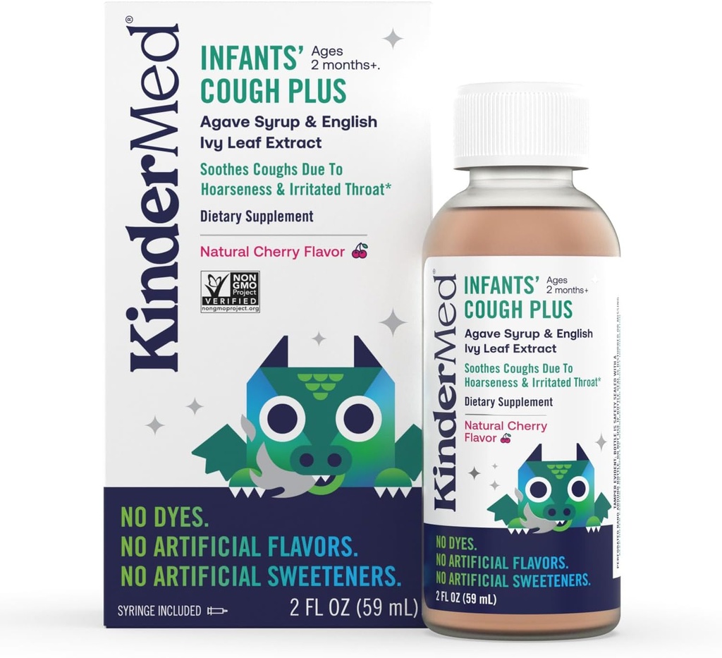 KinderMed Infanters Daytime Cough Plus, Organic Agave Syrup og English Ivy Leaf Extract, Ingen Dyes, Ingen Kunstig Flavors eller Sweeteners, Ikke-GMO, for Babyer 2 måneder +, Naturlig Cherry Flavor (2 Fl Oz)