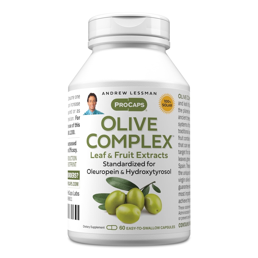 ANDREW LESSMAN Olive Complex - 60 kapsler - blad og fruktekstrakter. Standardisert for Oleuropein og Hydroxytyrosol for å støtte kardiovaskulær og immun helse. Små enkle å svelge kapsler