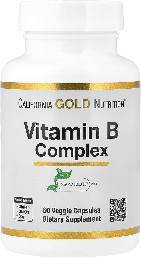 California Gold Nutrition Vitamin B Complex, Thiamin B1, Riboflavin B2, Niacin B3, Pyridoxin B6, Biotin B7, Pantotensyre B5 og Pro Folate B9, Glutenfri, Ikke GMO, 60 Veggie Kapsler