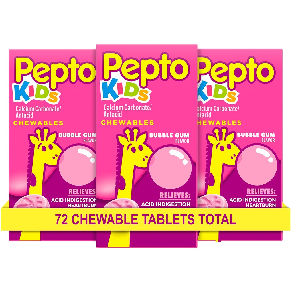 Pepto Kids Chewable Tabletter for Heartburn, Acid Indigestion, Sour Mage, og Upset Mage, Bubblegum Flavor, 72 Totalt (3 Pakker med 24)