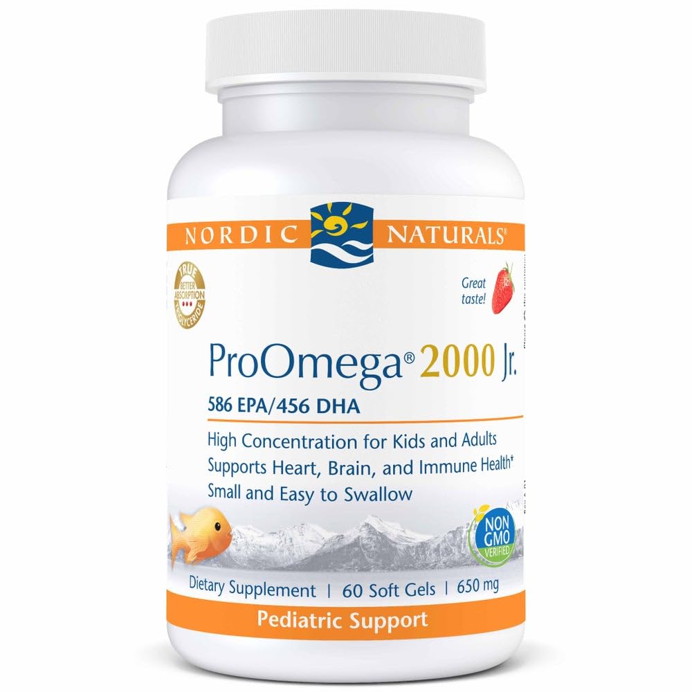 Nordic Naturals ProOmega 2000 Jr., Strawberry Flavor - 60 Soft Gels - 1120 mg Omega-3 - Ultra Potent Fish Oil - EPA & DHA - fremmer hjerne, hjerte og immun helse - ikke-GMO - 30 Services