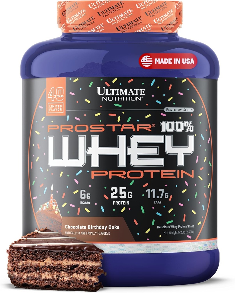 Ultimate Nutrition Prostar Whey Protein Powder Isolate, Sjokolade Bursdag Cake - Lav karbohydrat, høyproteinpulver Shake for muskel gevinst og gjenoppretting - Lav natrium, lav-fat og keto vennlig - 5,28 lbs Tub