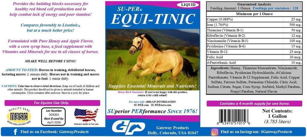 SU-PER Equi-Tinic Horse Minerals Supplement - essensielle mineraler og næringsstoffer for sunne blodceller og energi - 1 Gallon