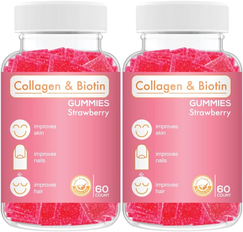 Kollagen Biotin Gummier - støtter hår, hud og negler hårvekst Anti Aging Care Chewable Gummy vitaminer, Vegansk, Ikke-GMO, Glutenfri, Gelatin Strawberry Flavor 120 greve, Rosa