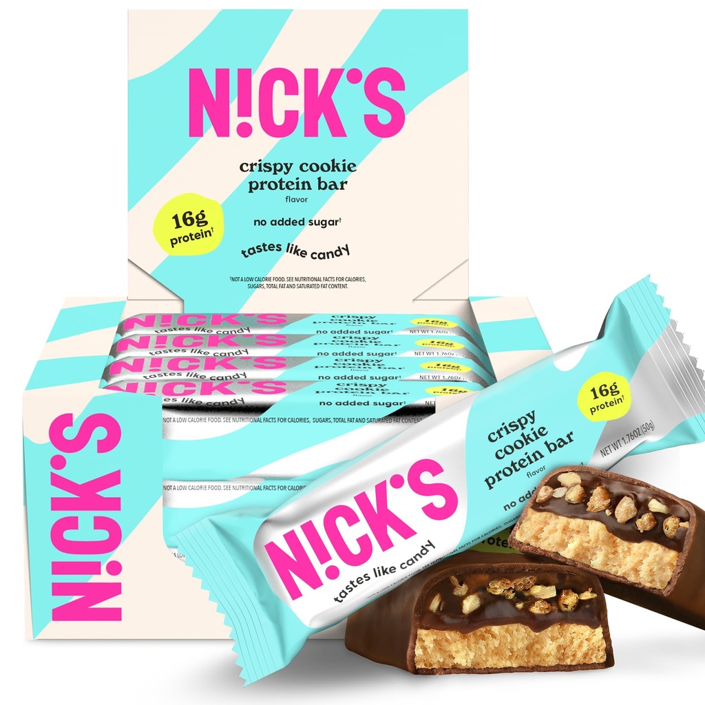 Nick's Protein Bars Crispy Cookie sjokolade, høyt protein, lav kalorier, lav karbohydrater, ketovennlig snacks Ingen tilsatt sukker (Multipack 12 barer x 50g), Crispy Cookie smak