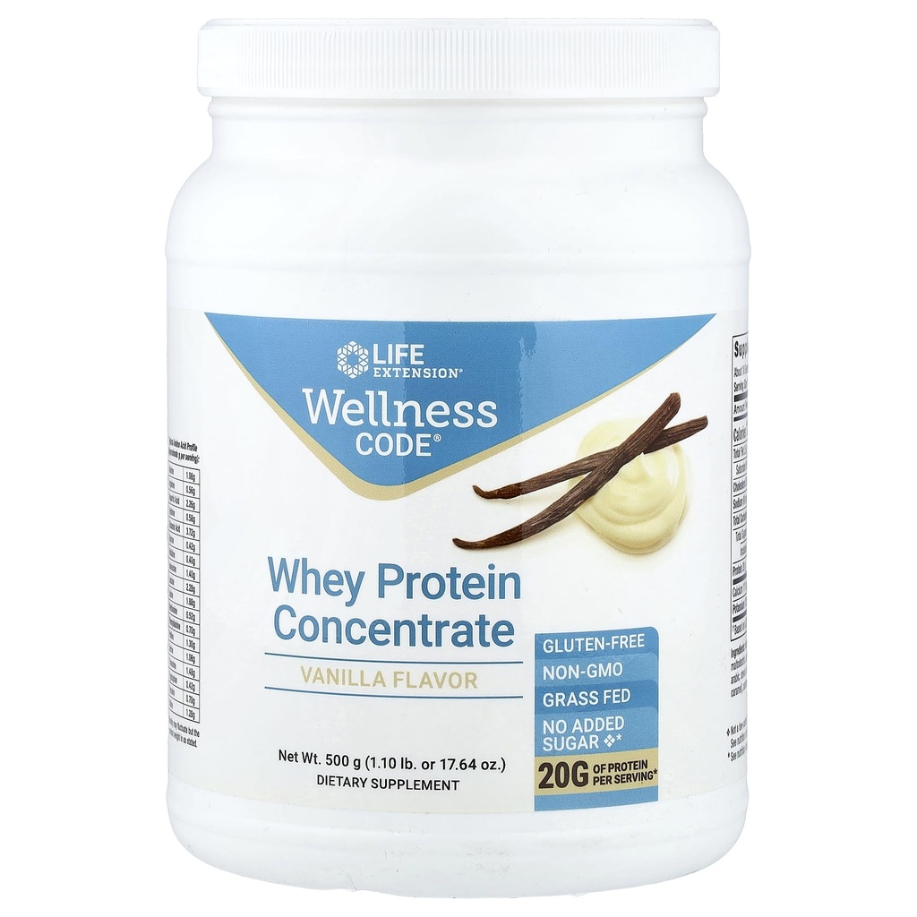 Life Extension Wellness Code Whey Protein Concentrate 20g Muskelvekst og immun helse - utgitt fra Grass-Fed, Free-Range, Hormon-fri kyr, ikke-GMO, Ingen tilsatt sukker, Vanilla- 500g