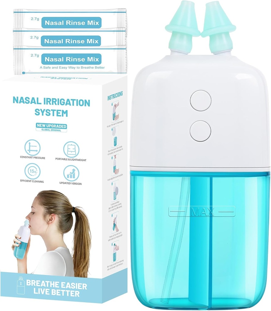 Nasal irrigasjonssystem med 30 saltpakker – Dual Speed and Auto Waste Collection – Bærbar og reisevennlig Nasal Irrigator – Nasal Cleaner for Sinus Relief Nasal rengjøringsmaskin