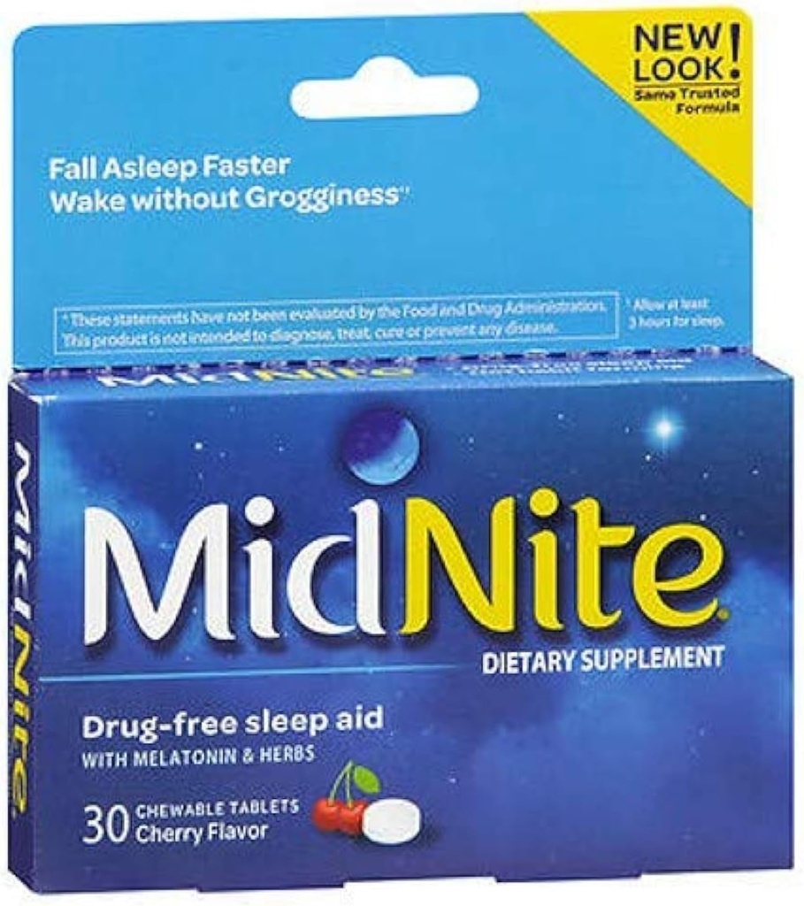 MidNite søvn helse for anlednings søvnløshet, 30 Chewable Cherry tabletter (pakke med 3)