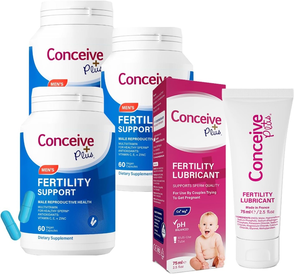 CONCEIVE PLUS Mens Fertilitet Bundle | 3 måneder Supply Fertilitet Vitamin Kosttilskudd for menn 3 x 60 Antall og fruktbarhet Lubricant 2,5 Ounce