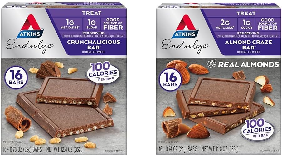 Atkins Endulge Treat Bars, Crunchalicious & Almond Craze Flavors, 1-2g Netto Carbs, 1g Sukker, God Fiber Source, Keto Vennlig, 16 Count