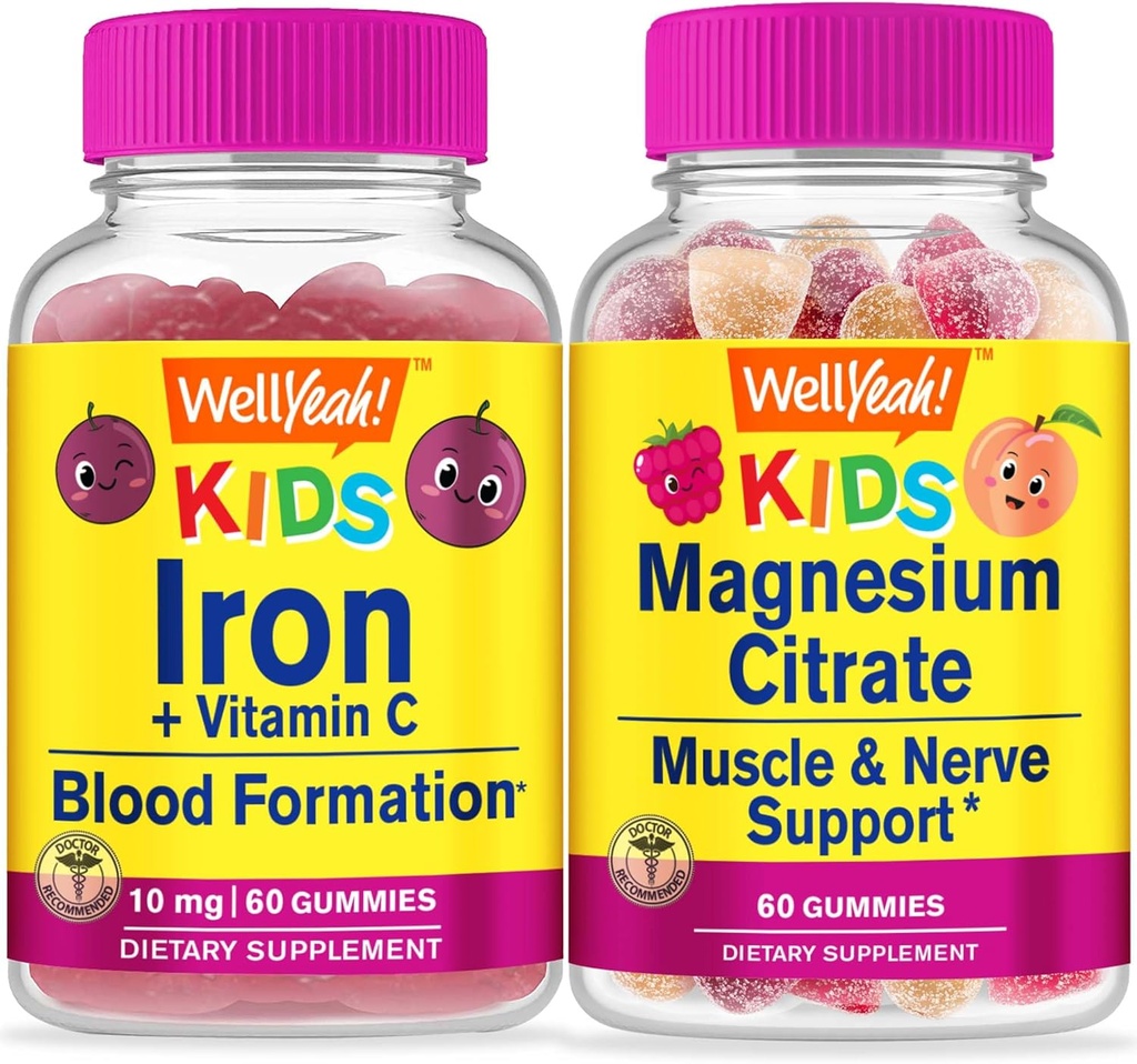 WellJaja jern + vitamin C Kids + Magnesium Citrate Kids, Gummies Bundle - Great Tasting, vitamin Supplement, Glutenfri, GMO Gratis, Chewable Gummy