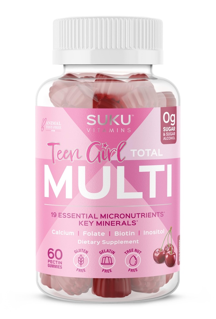 SUKU Tenåring Jente Multivitamin Gummies – Vitaminer A, B12, C, D3, E, Biotin & sink – Sukkerfri Vegetarisk Supplement for hud, energi, immun- og beinhelse – Cherry Flavor – 60 greve