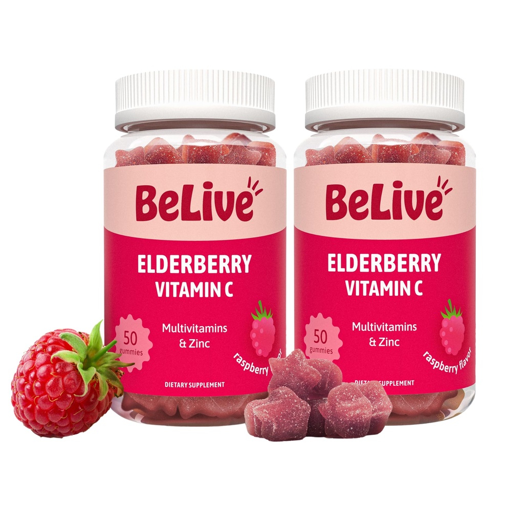 BeLive Elderberry Gummies med sink og vitamin C - immun støtte Supplement med vitamin D, A, E, B12 - Gummies for sunne bein og tenner, Vegan, keto og ikke-GMO - bringebær Flavor