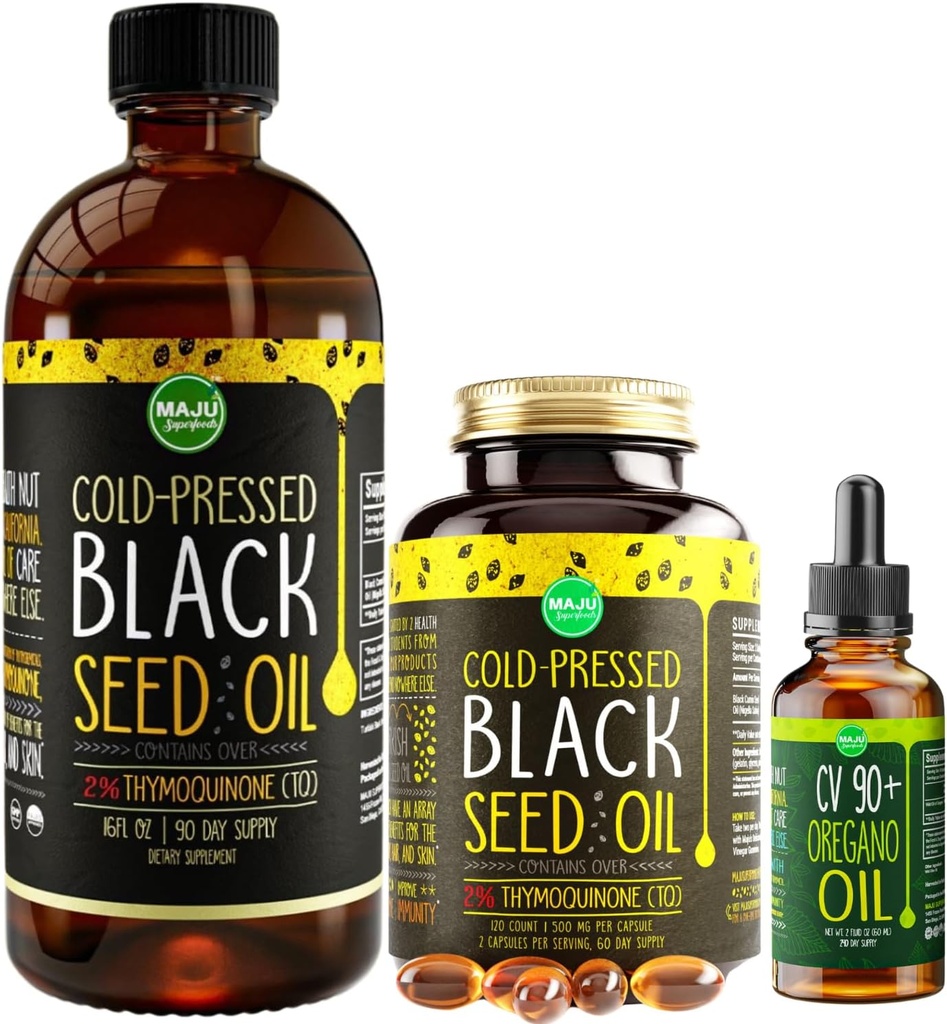 Maju Superfoods Stor Svart Frøolje og Oregano Bundle