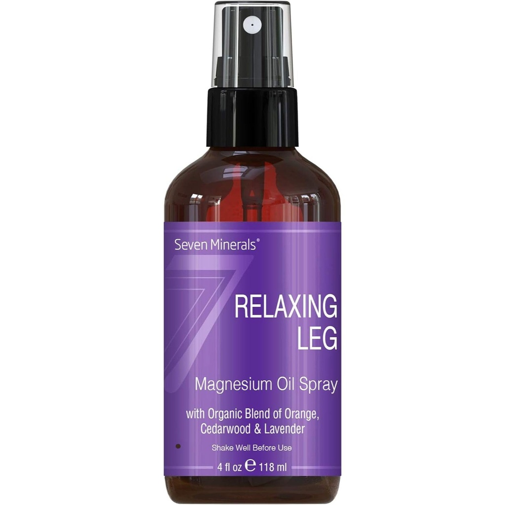 Syv mineraler avslappende ben Magnesium Spray, kraftig blanding av essensielle oljer (Orange, Cedarwood, & Lavender), som beroliger benene naturlig. 4 fl oz,