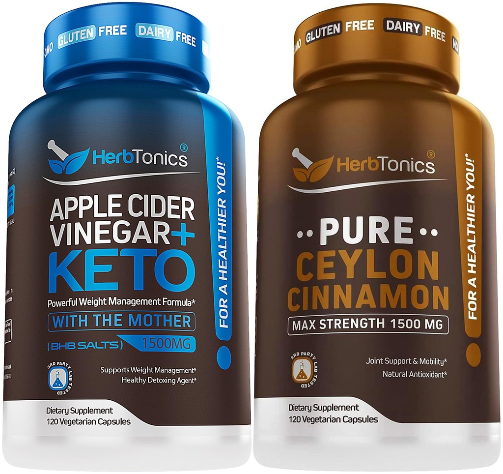 Herbtonics Apple Cider Vinegar Capsules Plus Keto BHB Fat Burner & Vekttap Supplement for kvinner og menn - Premium Ceylon Cinnamon Capsules - Effektive kanel piller for forbedret velvære