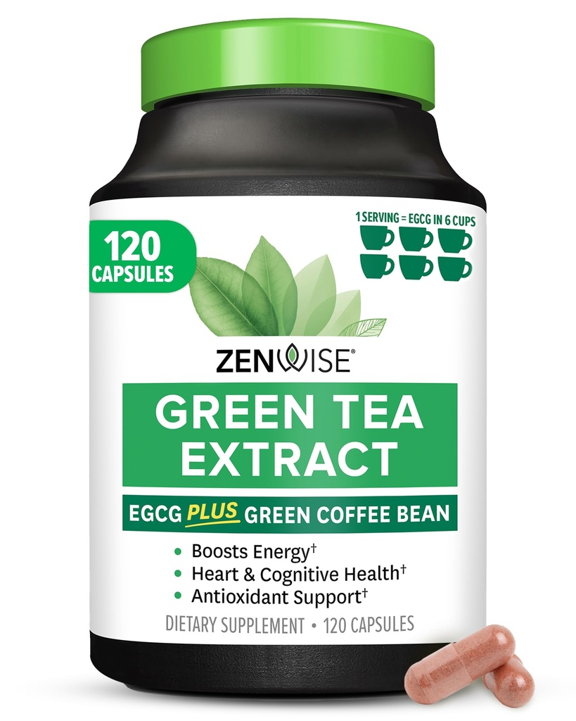 Zenwise Helse Grønn Te Ekstrakt Kapsler for menn og kvinner - EGCG Supplement med grønn kaffebønne Ekstrakt Boosts Energi & minne - Immunstøtte for hud, hjerne og hearth Helse - Vegan - 120 Count