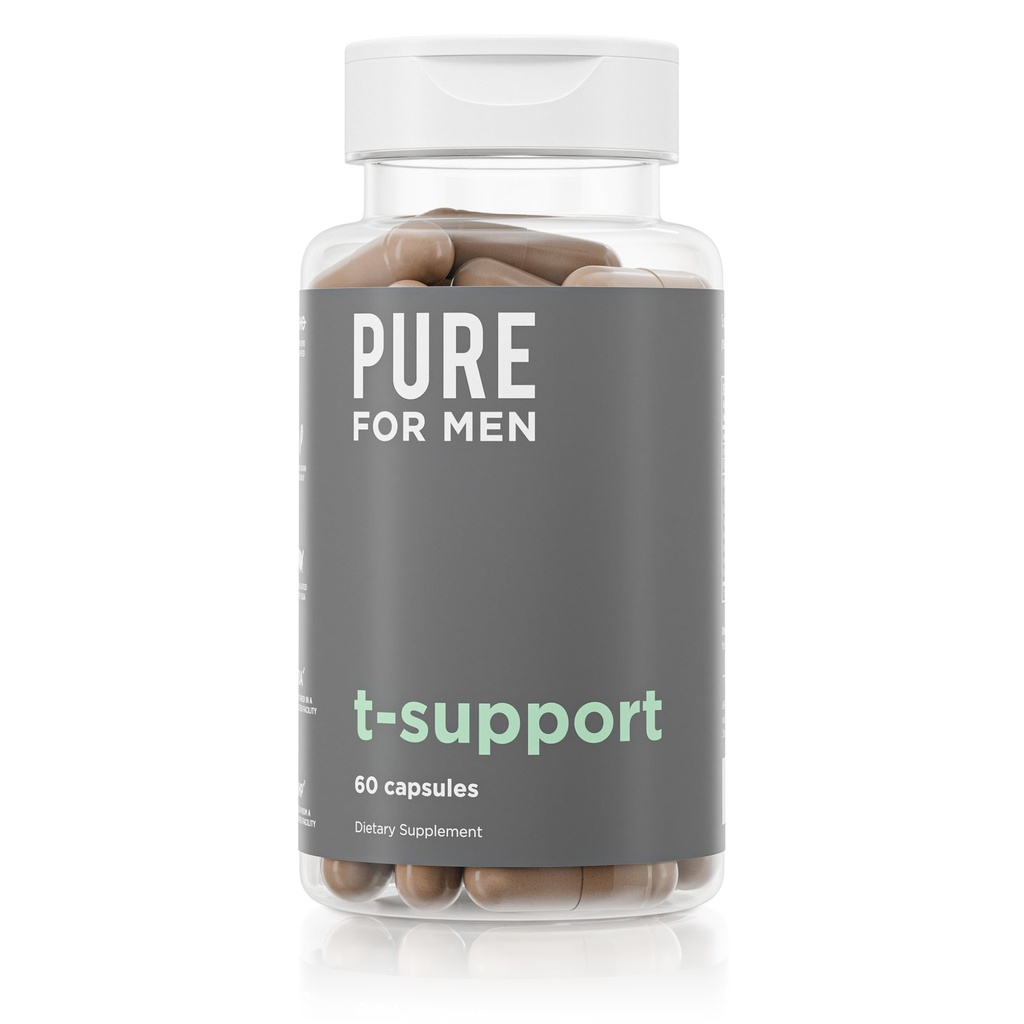 Pure for menn T-støtte Supplement | Vegetarisk Total støtte for menn med Maca, Vitamin D, & Ashwagandha, Muskel Helse | Utholdenhet, Styrke, Fokus, & Energistøtte | 60 Kapsler