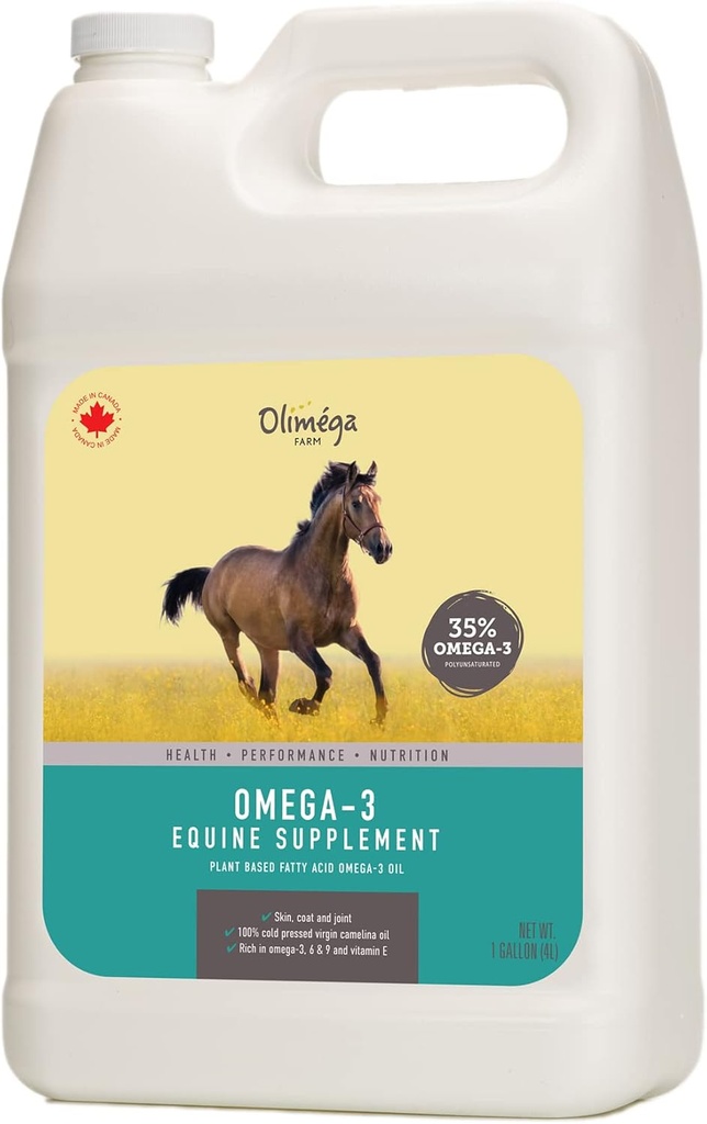 Camelina Olje til hester, 1 Gallon av Olimega Farm | Høy i Omega-3 & Vitamin E | Støtte for sunne ledd, Coat & Skin | Pure & Cold Pressed | Joint Supplement | Laget i Canada | Ikke-GMO