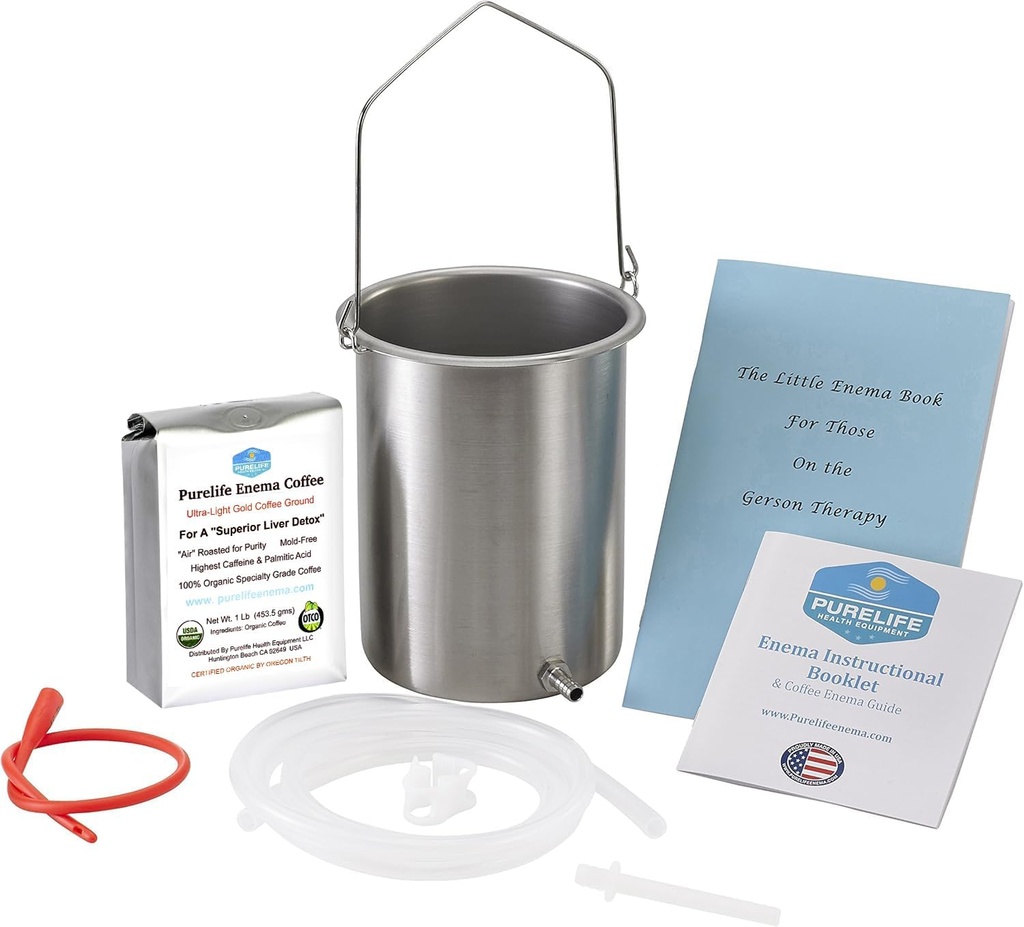 Purelife Detox Kaffe Enema Kit - laget i USA - 2 Qt / Superior ikke-giftig laget i USA kvalitet / 1 lb Purelife Ultra Light Gold Enema kaffe - Lab testet uten mykotoksiner- Silikon Tubing