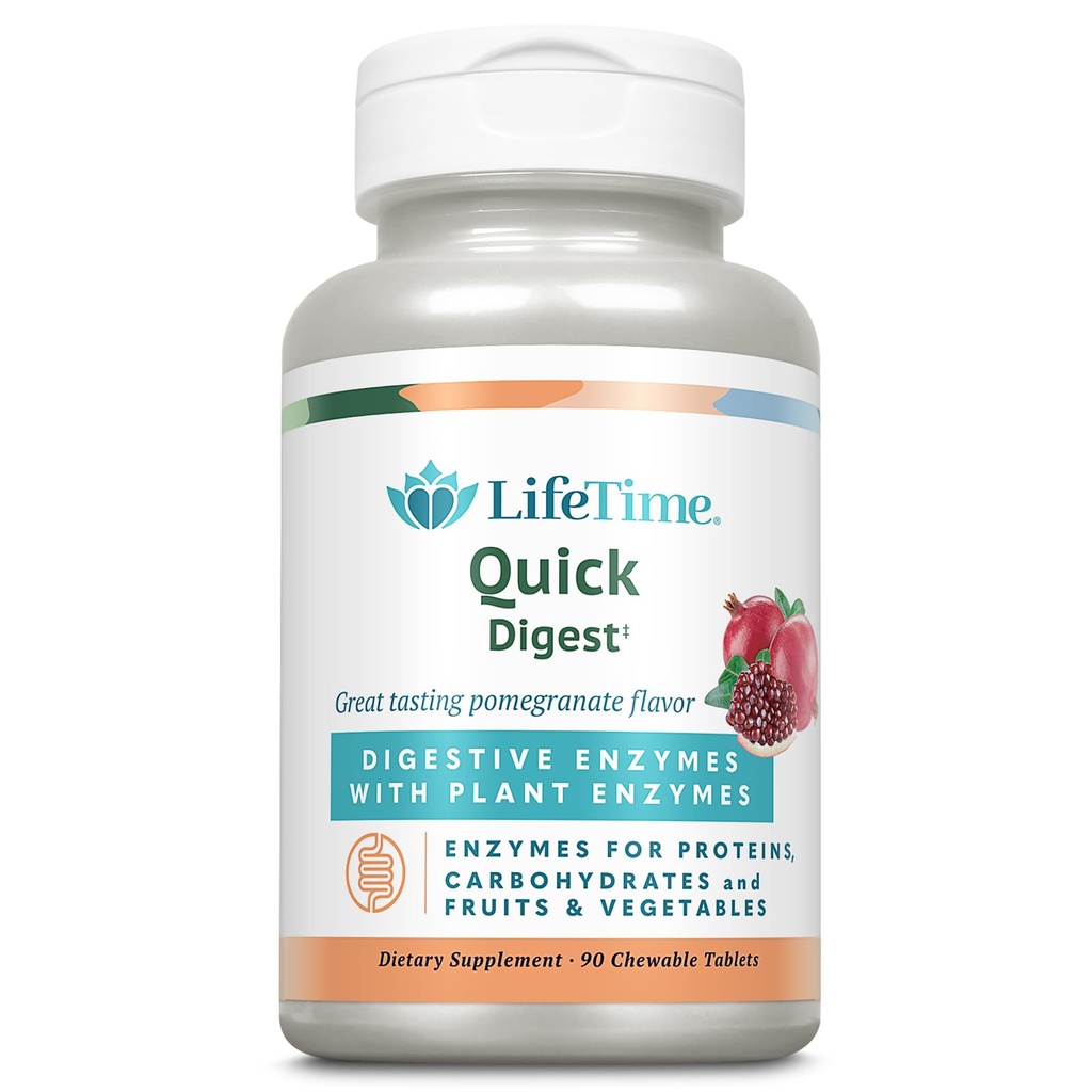 LIFETIME Quick Digest Digestive Enzymer - Plante Enzymer for proteiner, karbohydrater, frukt og grønnsaker - Digestiv helsestøtte - Pomegranate Flavor - 90 Serveringer, 90 Chewable tabletter