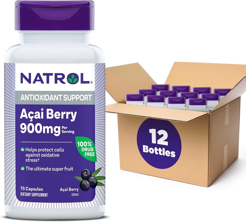 Natrol Acai Berry, Diett Supplement, Antioksidant Beskyttelse og Forsvar, Den ultimate Super Fruit, 900 mg Veggie Kapsler, 75 greve (pakke på 12)