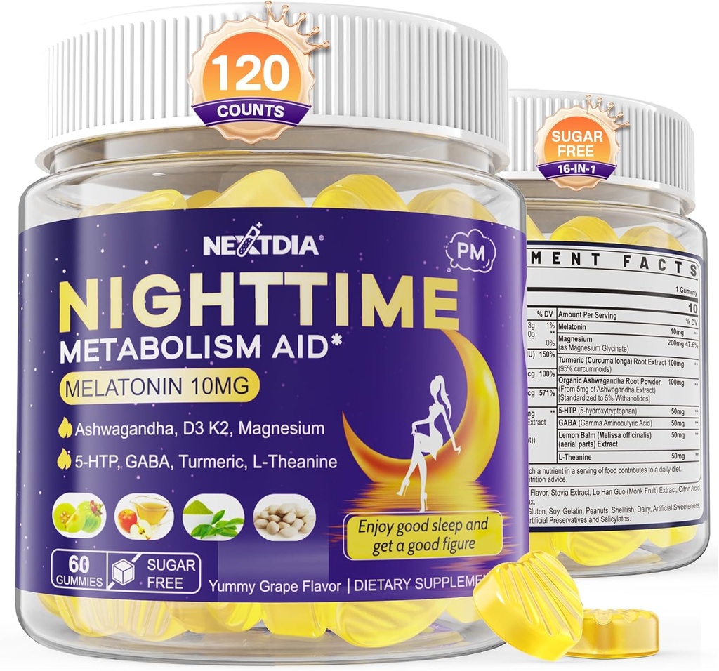 Melatonin 10mg Gummies, Natttid Metabolisme Gummies for voksne, Crush Overflødig Hoarding mens du hviler, fremme sunne zzzs, med magnesium, Ashwagandha, 5-HTP, GABA, 100% Drug Free,Sugar Free, 2Packs