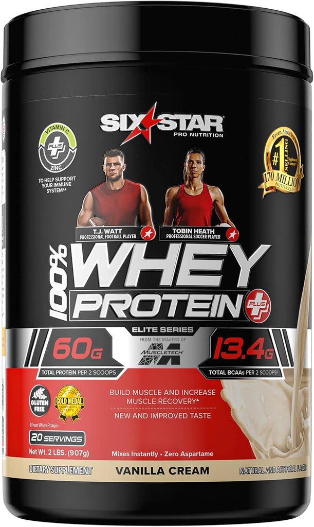Whey Protein Powder + immunstøtte | Seksstjerners Whey Protein Plus | Whey Protein Isolate & Peptiders + Muscle Builder | Lean Protein Powder for muskel gevinst og gjenoppretting | Vanilla, 2 lbs