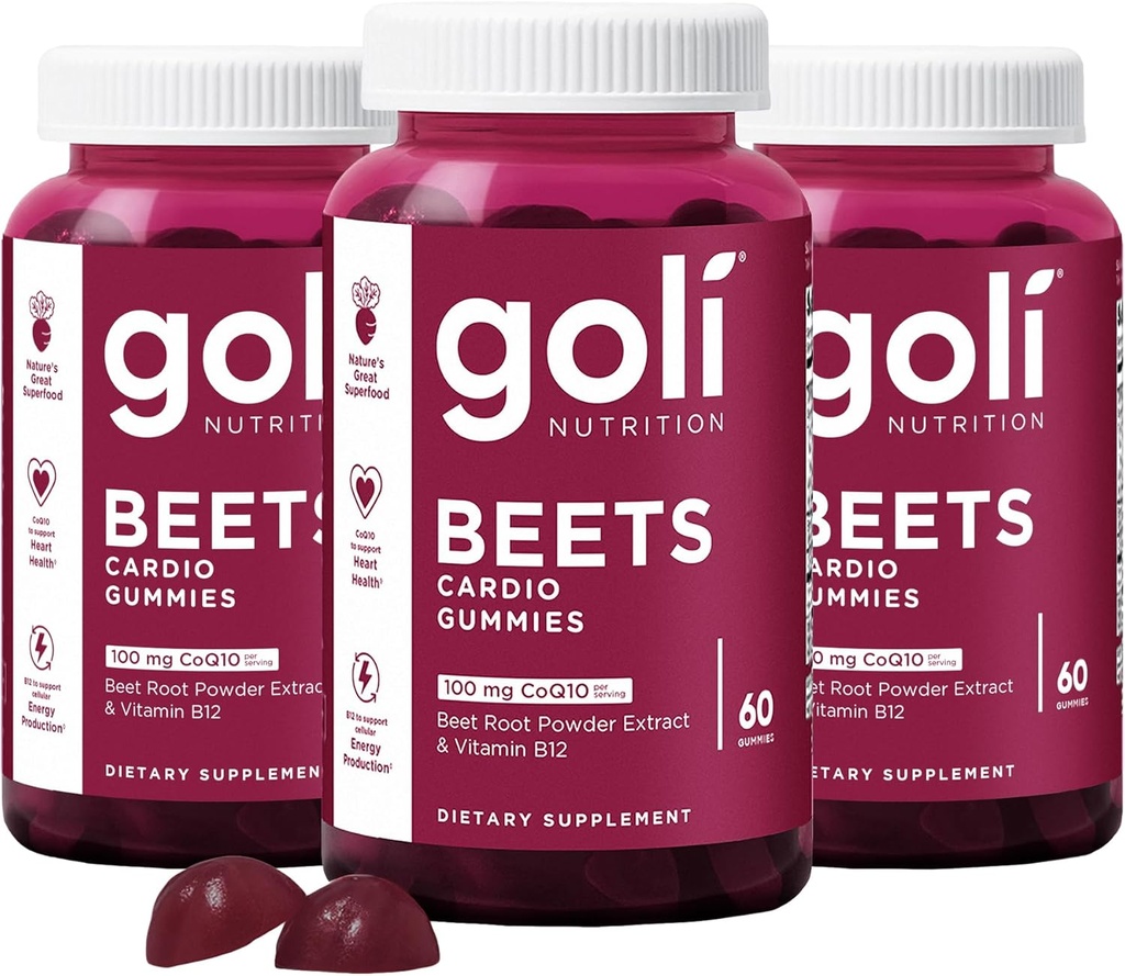 Goli Næringstilskudd, Beets Cardio Gummy, 180 greve(3 Pack of 60), 100mg CoQ10 & Beet Root Extract - Glutenfri, Vegansk, Ikke-GMO og Gelatin-fri. Naturens store supermat